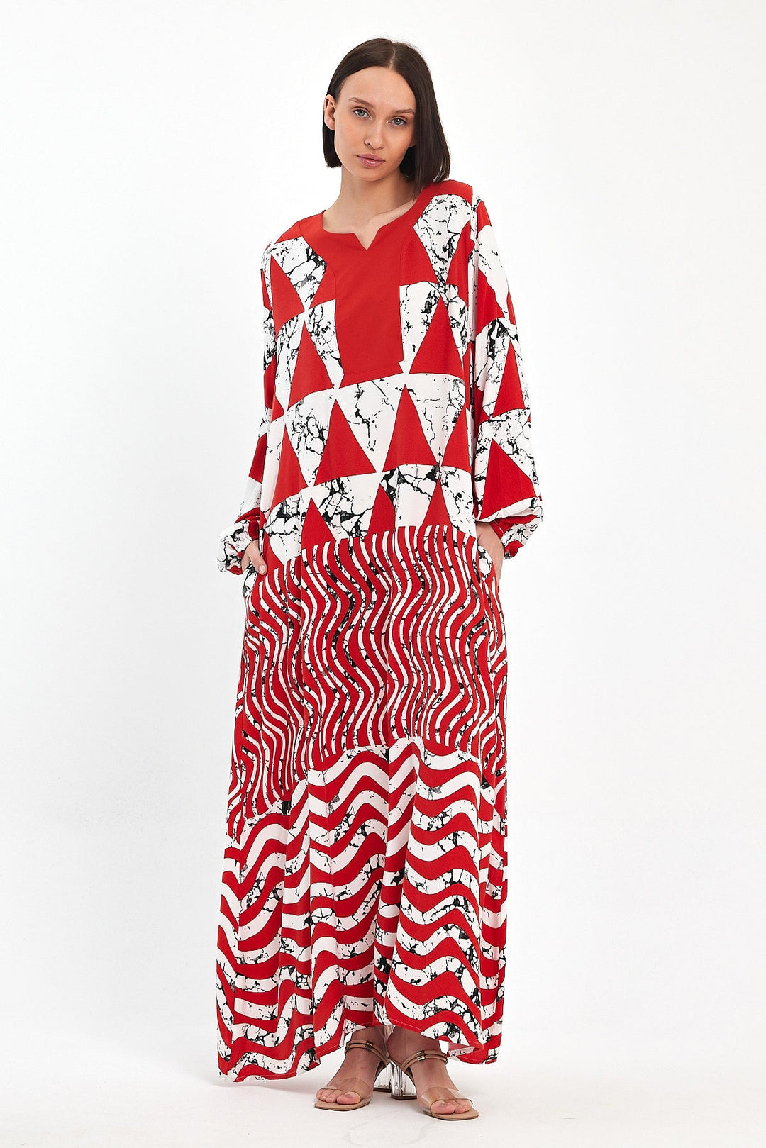 Abstract Print Maxi Dress with Long Sleeves in Orange