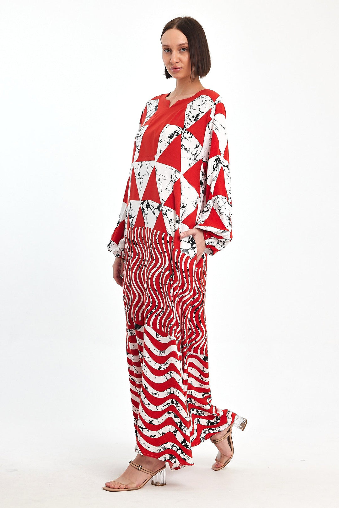 Abstract Print Maxi Dress with Long Sleeves in Orange