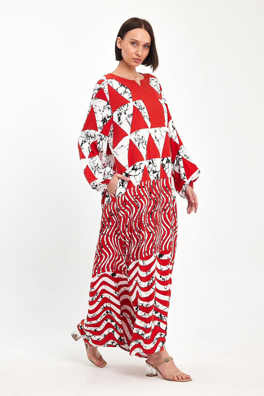 Abstract Print Maxi Dress with Long Sleeves in Orange