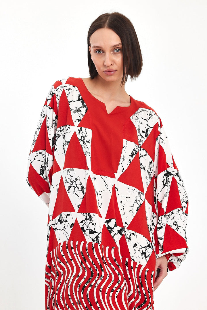 Abstract Print Maxi Dress with Long Sleeves in Orange