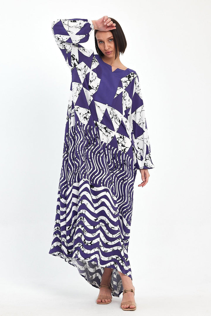 Abstract Print Maxi Dress with Long Sleeves in Purple
