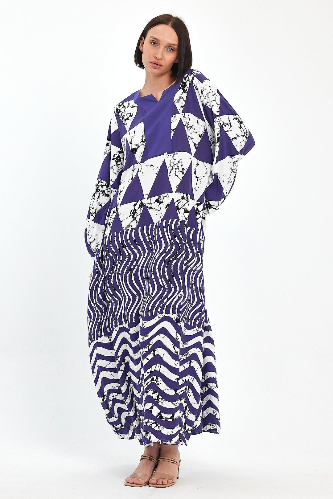 Abstract Print Maxi Dress with Long Sleeves in Purple