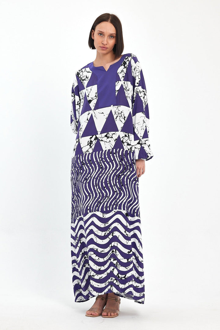 Abstract Print Maxi Dress with Long Sleeves in Purple