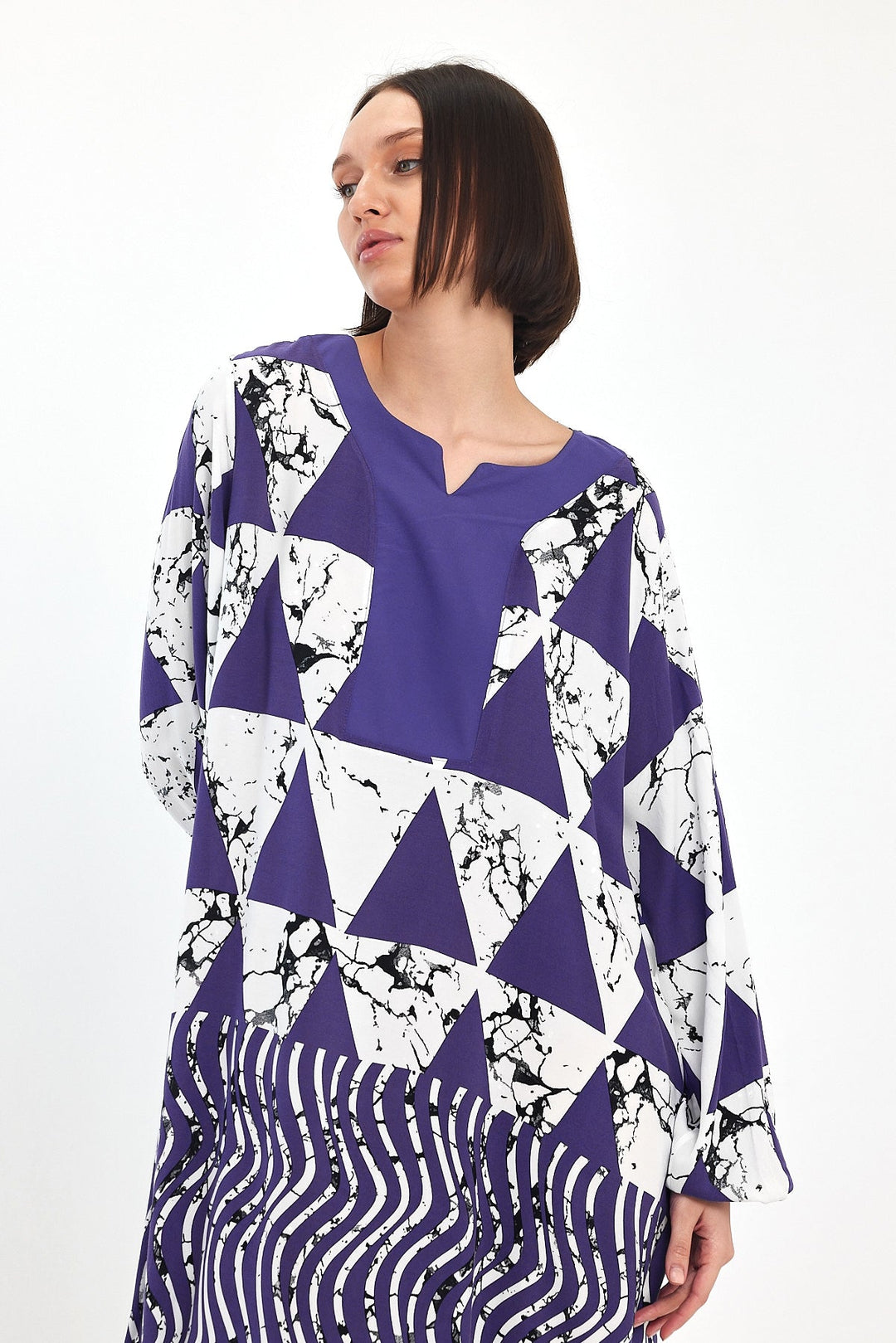 Abstract Print Maxi Dress with Long Sleeves in Purple