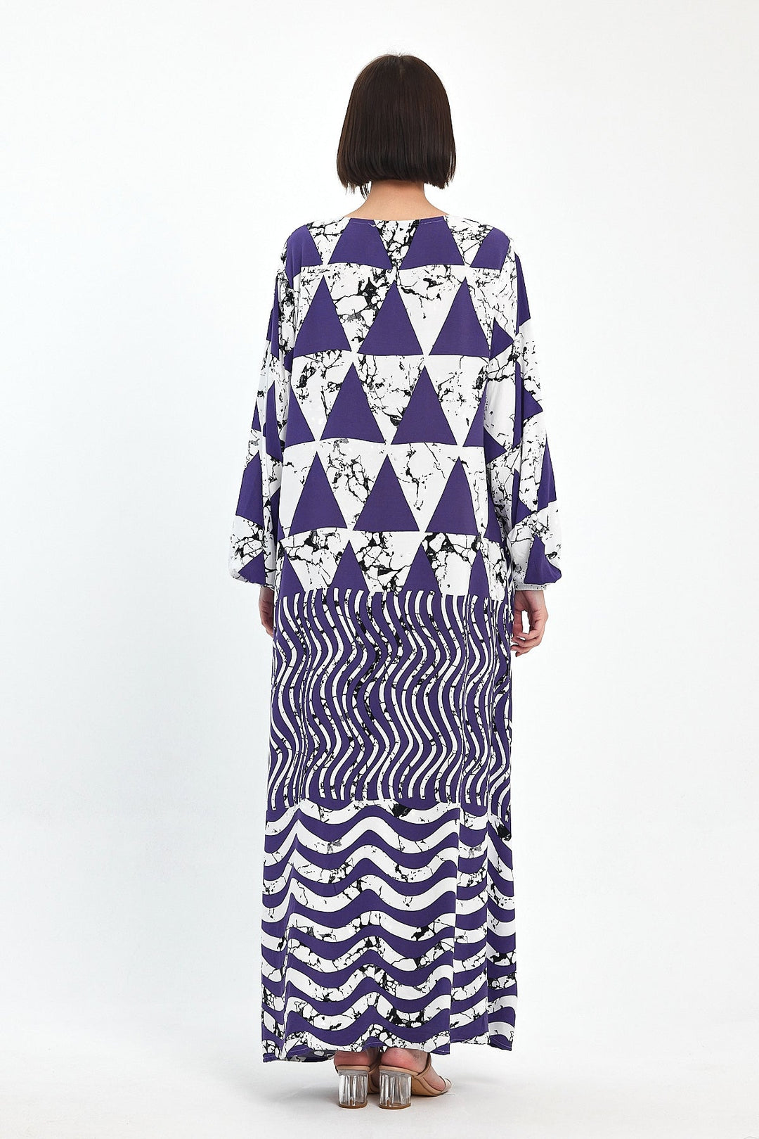Abstract Print Maxi Dress with Long Sleeves in Purple