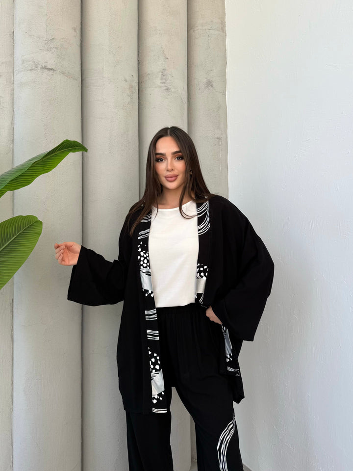 Abstract Print Kimono Co-Ord Set – White