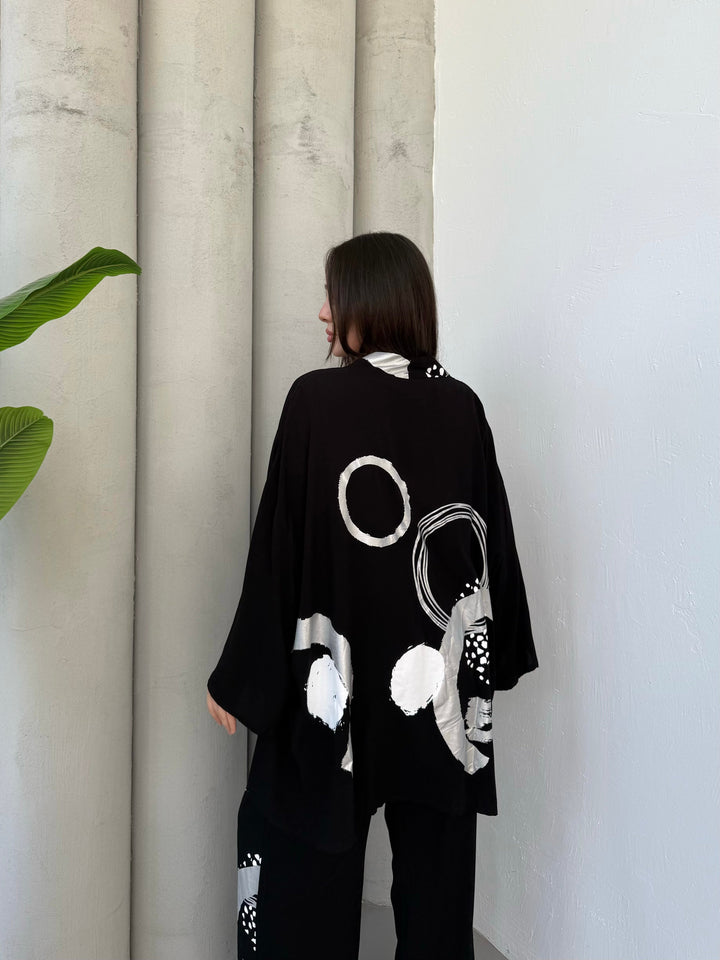 Abstract Print Kimono Co-Ord Set – White