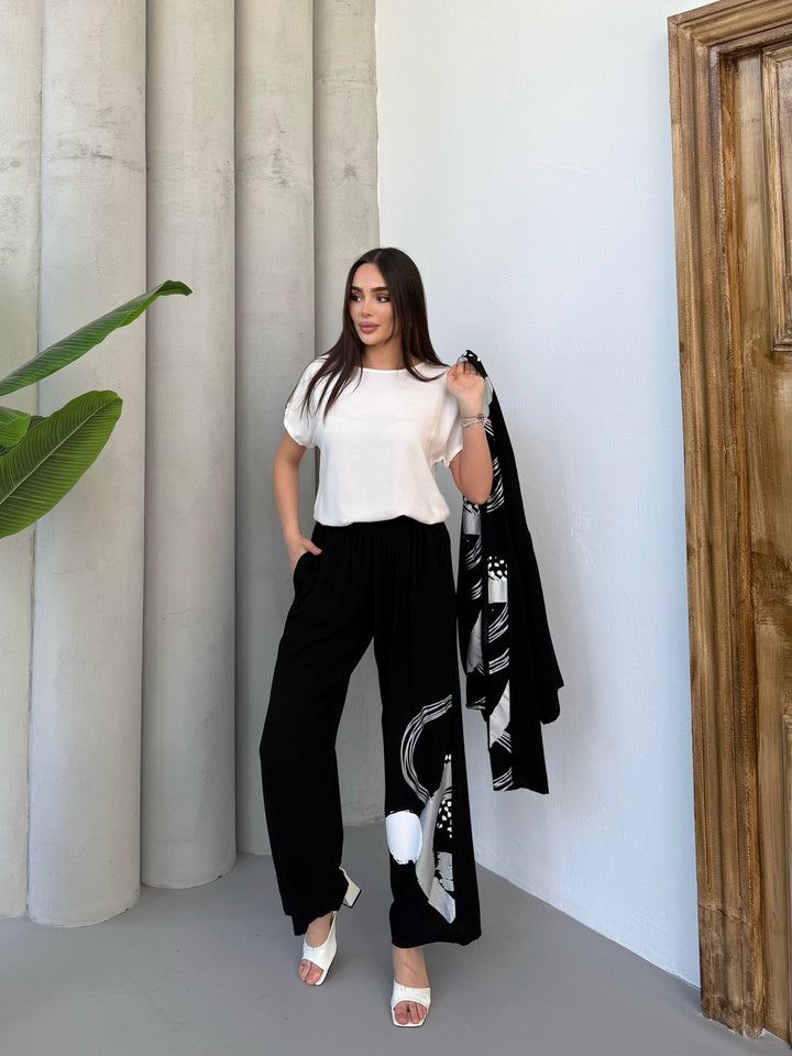 Abstract Print Kimono Co-Ord Set – White