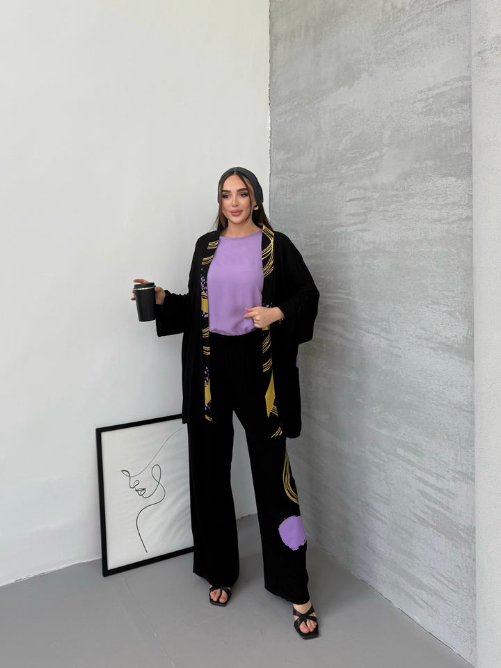 Abstract Print Kimono Co-Ord Set – Purple