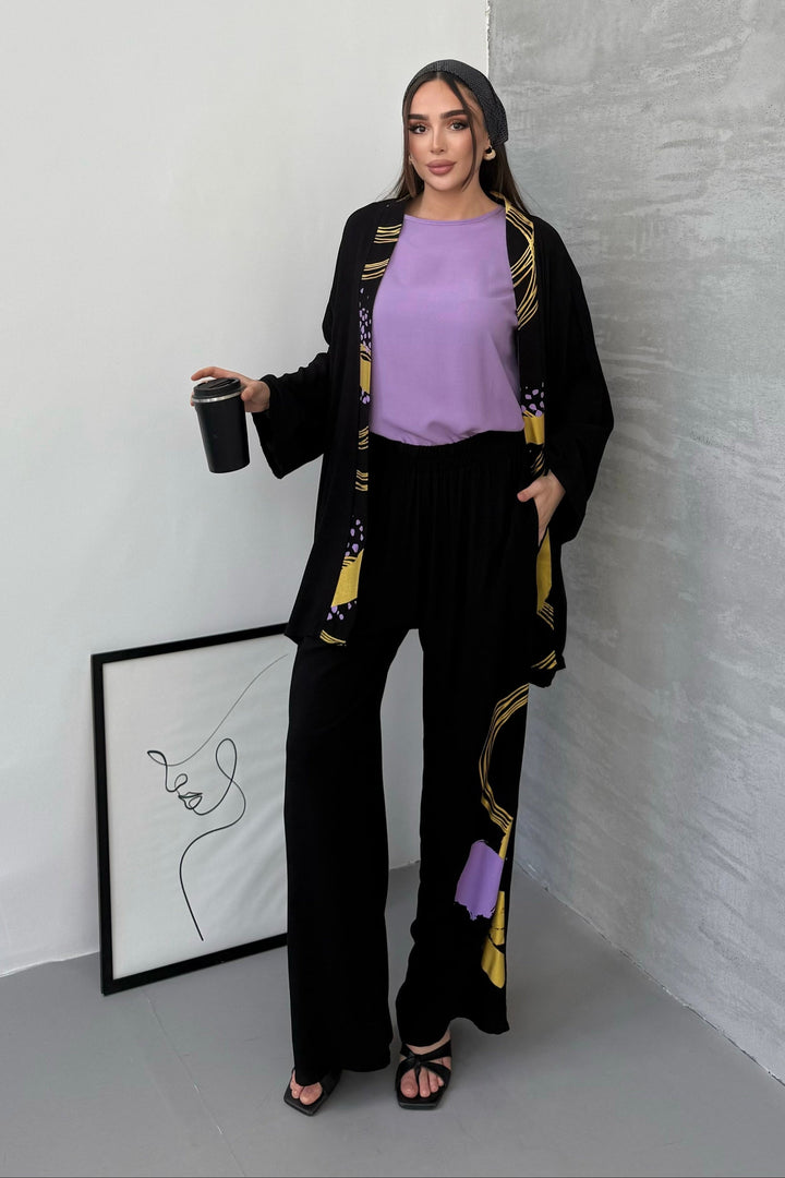 Abstract Print Kimono Co-Ord Set – Purple