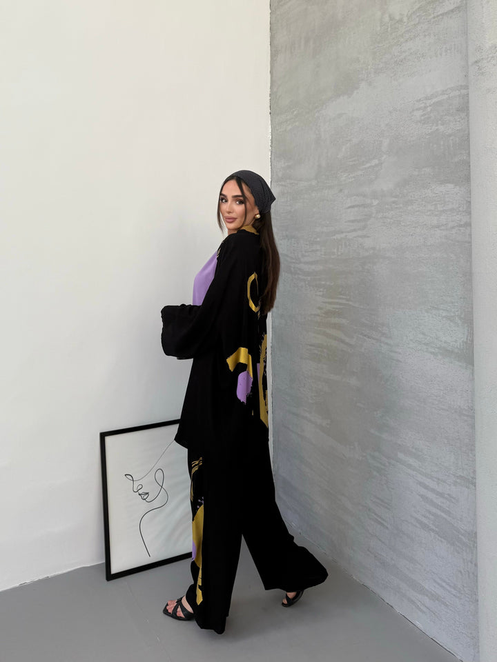 Abstract Print Kimono Co-Ord Set – Purple