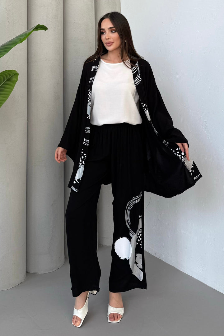 Abstract Print Kimono Co-Ord Set – White