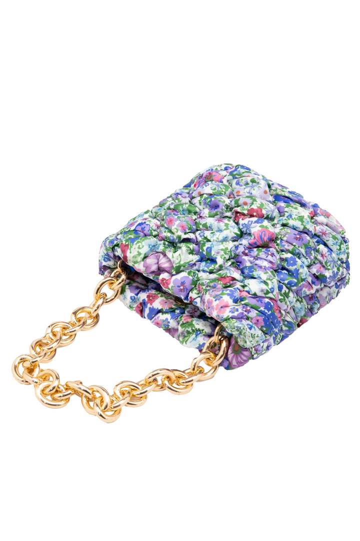 Blue Floral Ruched Mini Bag with Gold Chain - jqwholesale.com