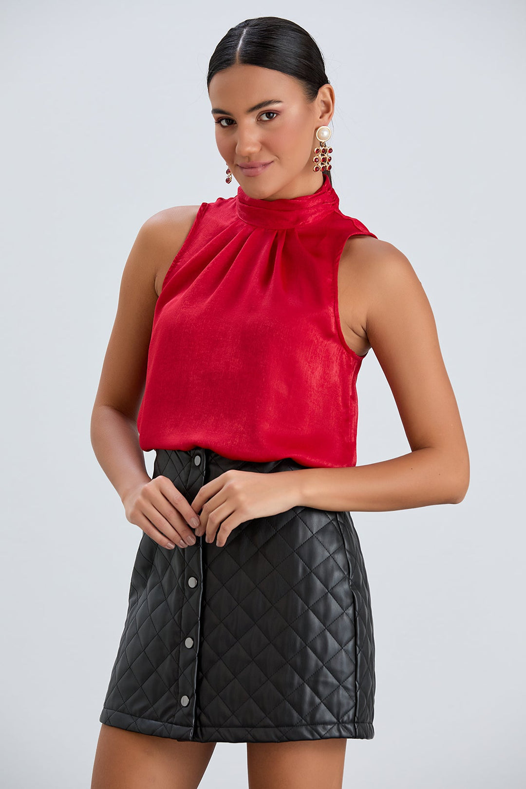 Halter Neck Red Satin Top - jqwholesale.com
