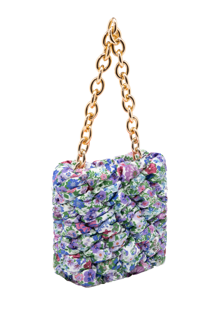 Blue Floral Ruched Mini Bag with Gold Chain