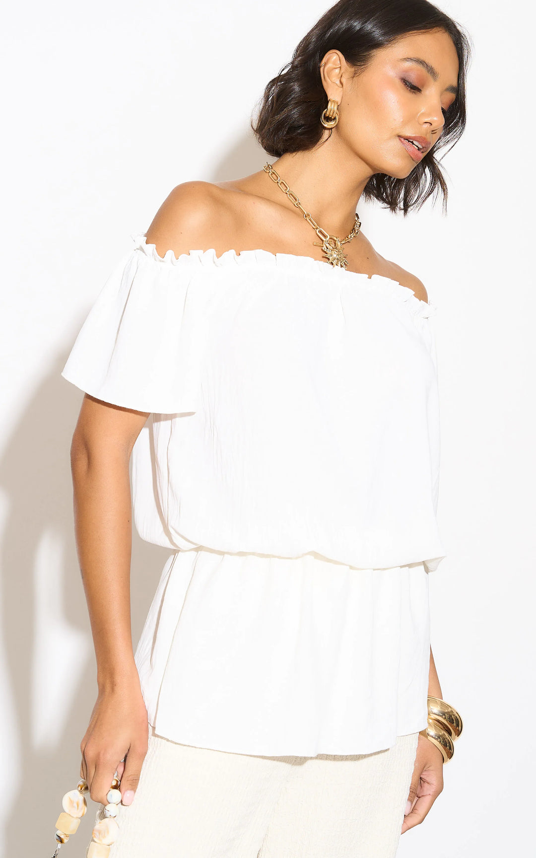 Off Shoulder Bardot Summer Top in Ecru - jqwholesale.com