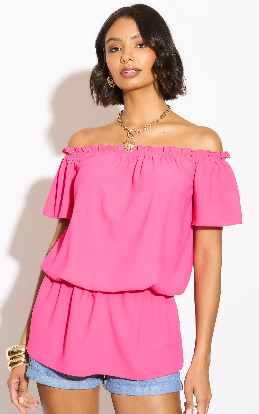 Off Shoulder Bardot Summer Top in Fuchsia - jqwholesale.com