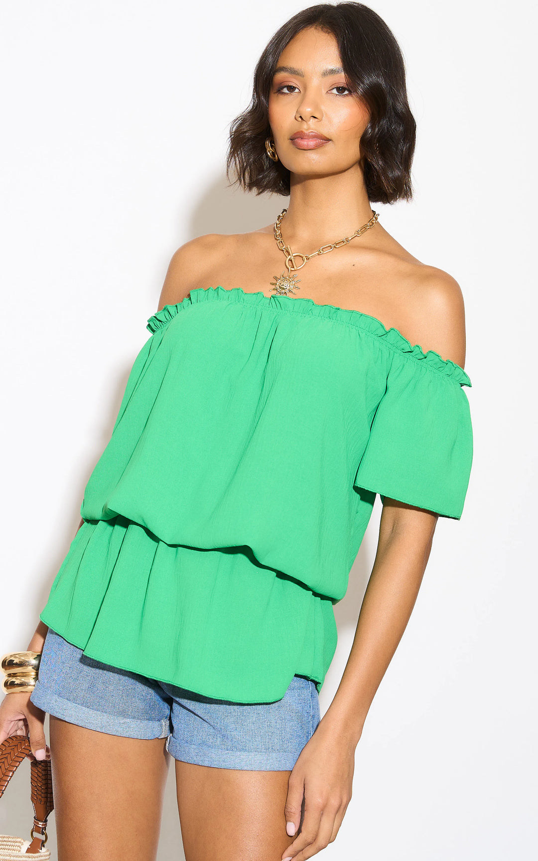 Off Shoulder Bardot Summer Top in Green - jqwholesale.com