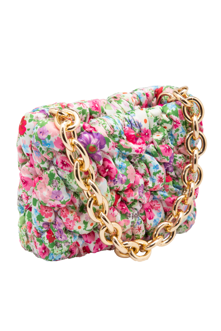 Pink Floral Ruched Mini Bag with Gold Chain - jqwholesale.com