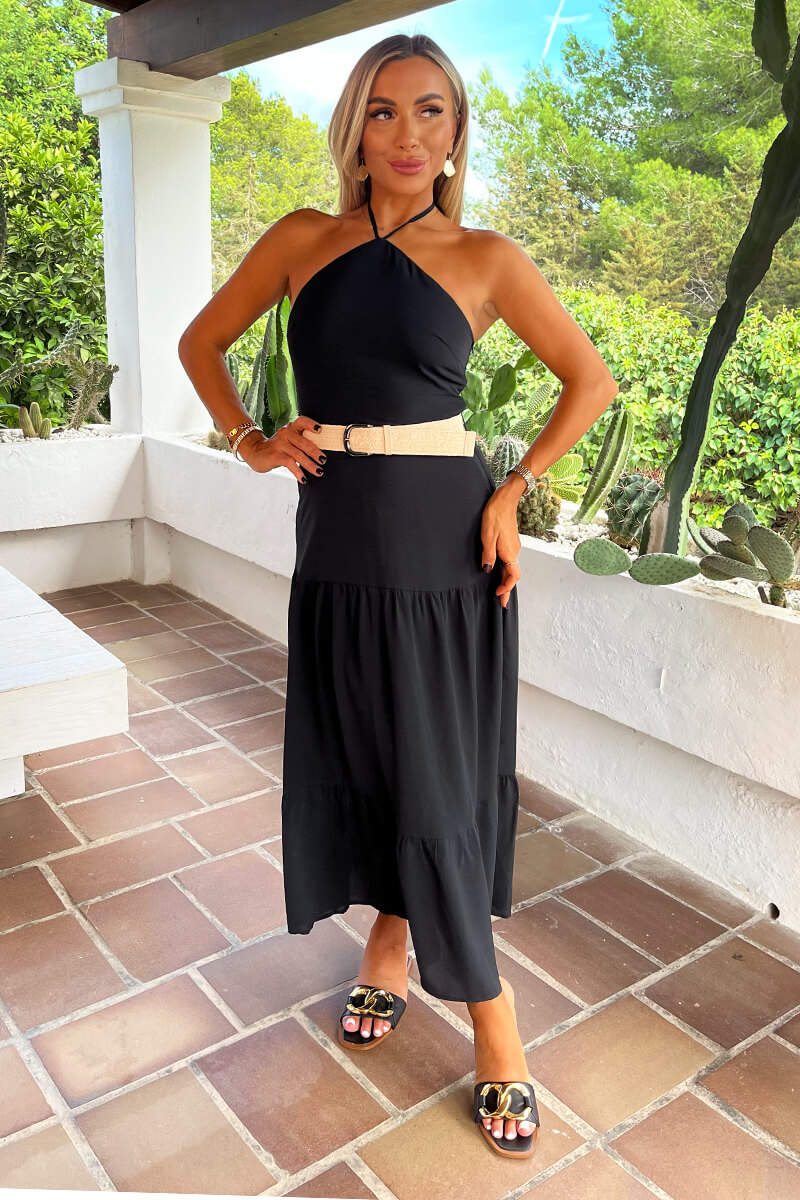 (8P. PACK) Halterneck Straw Belt Tiered Midi Dress