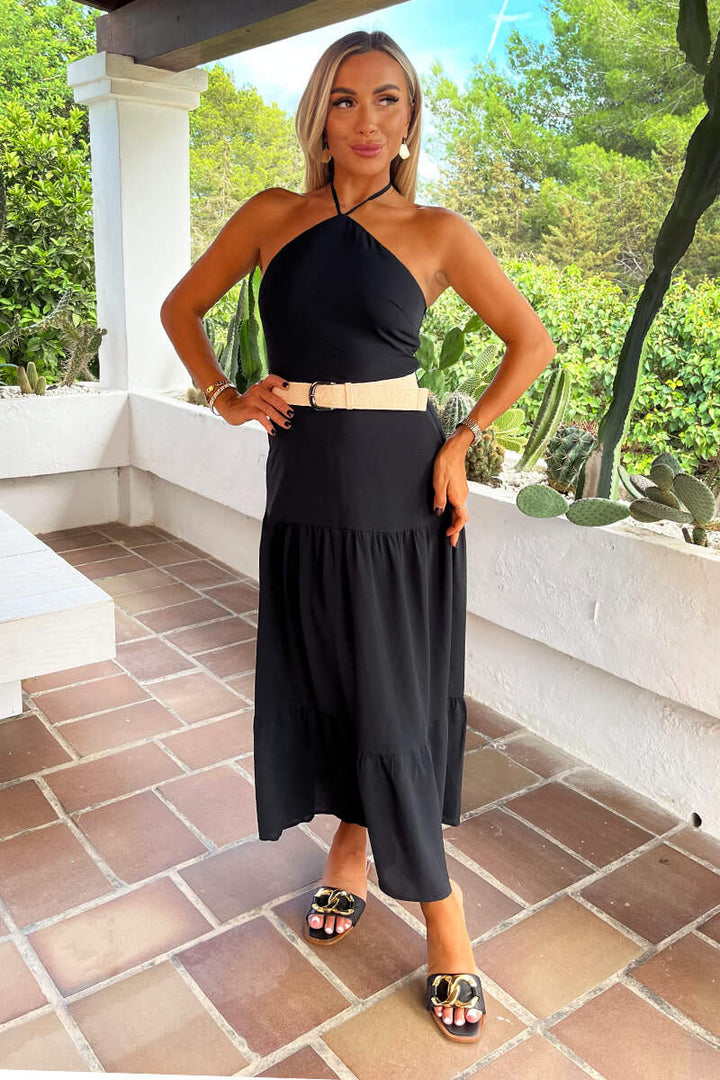 (8P. PACK) Halterneck Straw Belt Tiered Midi Dress - jqwholesale.com