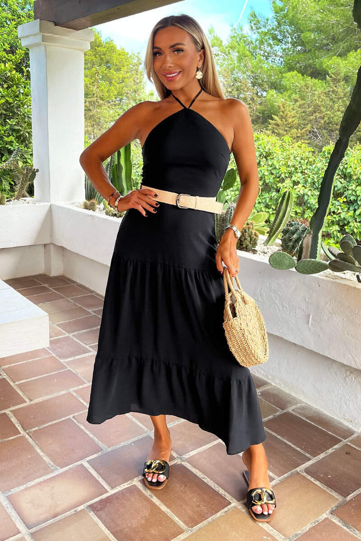 (8P. PACK) Halterneck Straw Belt Tiered Midi Dress - jqwholesale.com