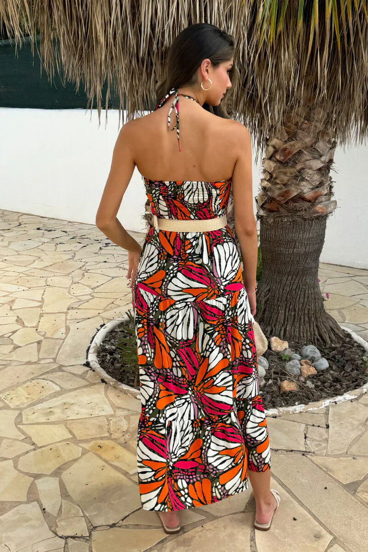 (8P. PACK) Multi Butterfly Print Halterneck Straw Belt Tiered Midi Dress - jqwholesale.com