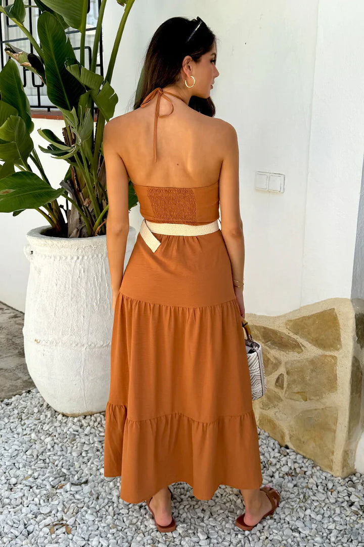 (8P. PACK) Halterneck Straw Belt Tiered Midi Dress