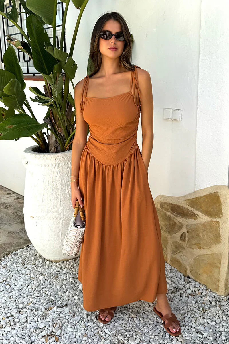 (8P. PACK) Rust Drawstring Tie Straps Ruched Top Midi Dress - jqwholesale.com