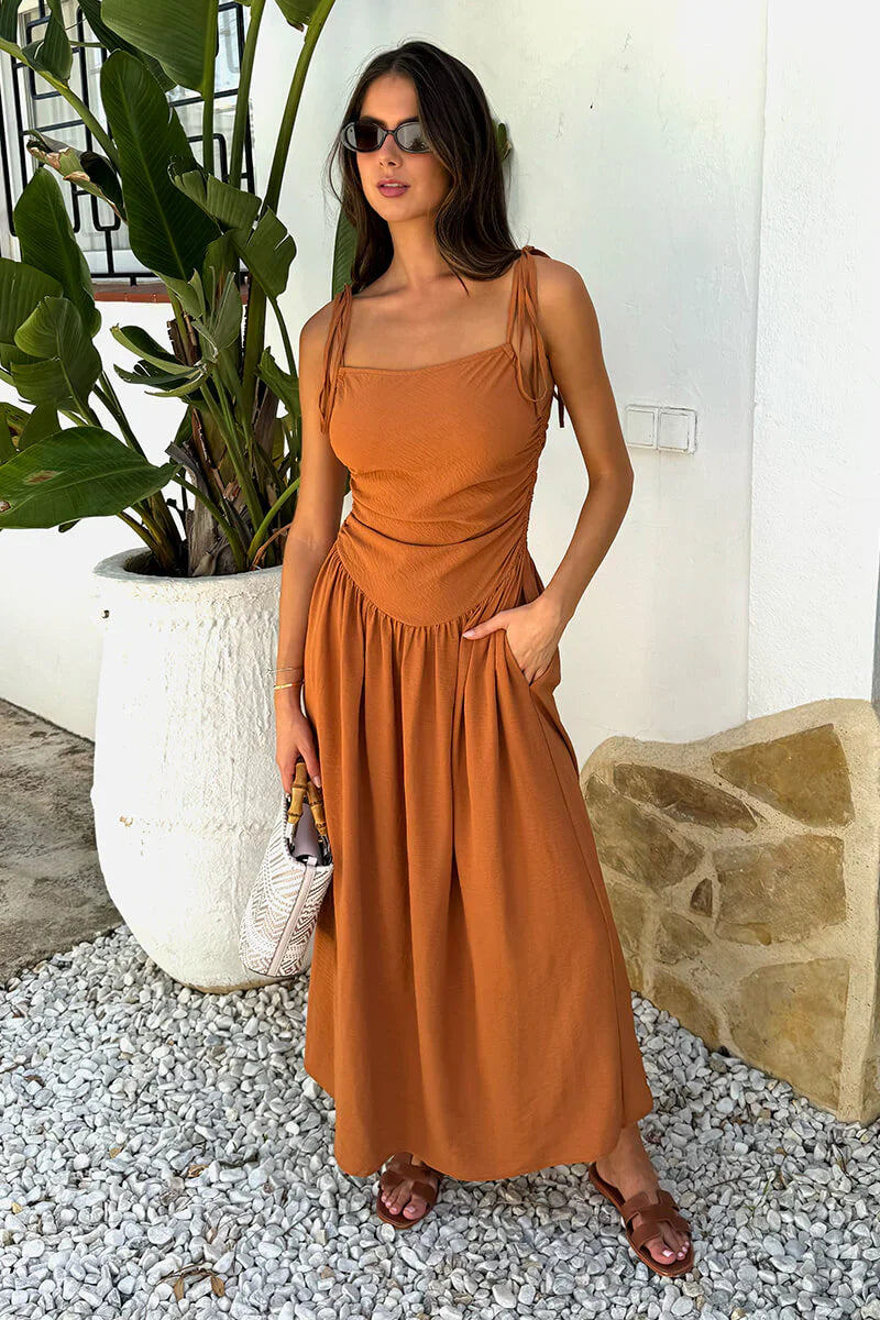(8P. PACK) Rust Drawstring Tie Straps Ruched Top Midi Dress - jqwholesale.com