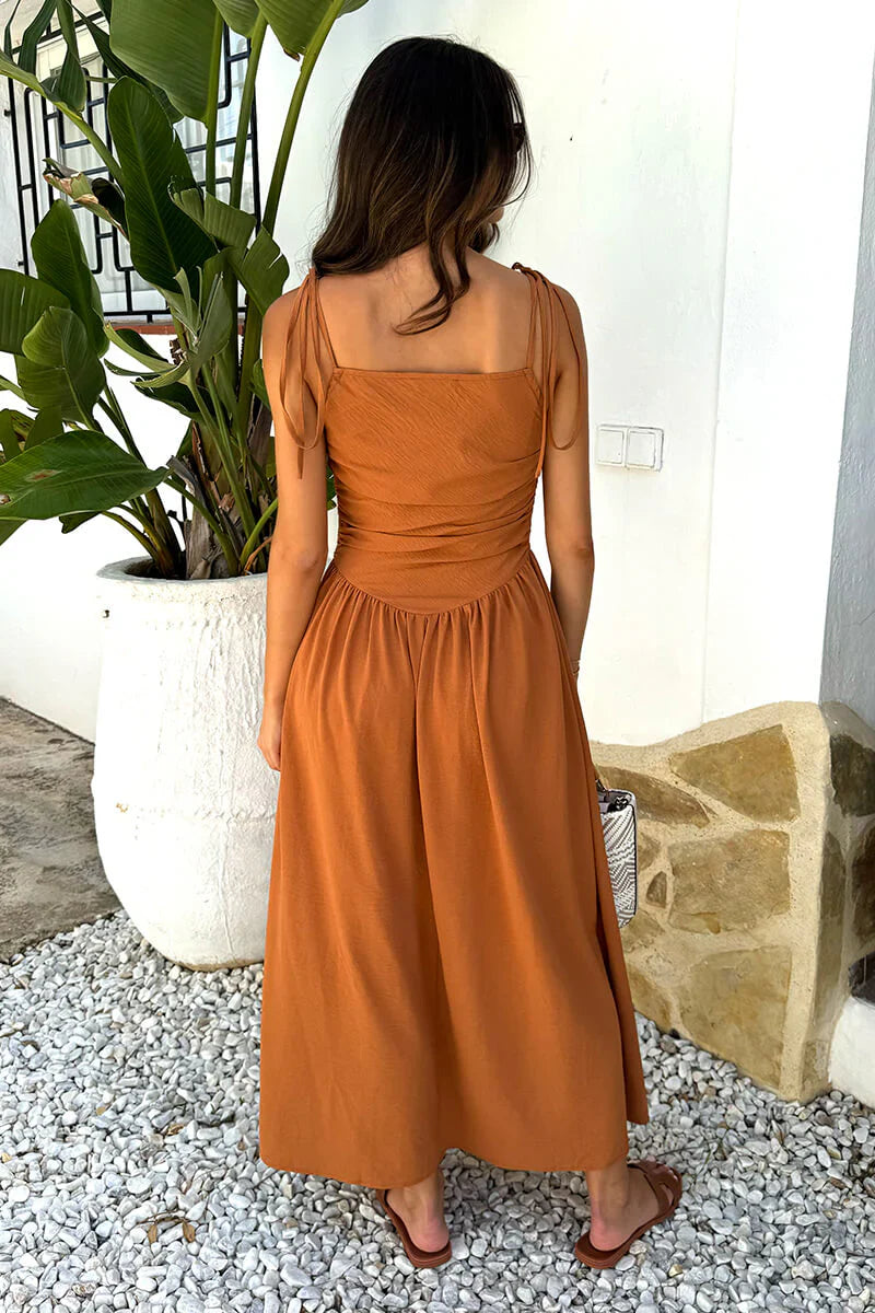 (8P. PACK) Rust Drawstring Tie Straps Ruched Top Midi Dress - jqwholesale.com