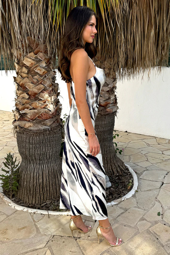 (8P. PACK) Navy and Cream Stripe Print Strappy Twist Back Slip Midi Dress