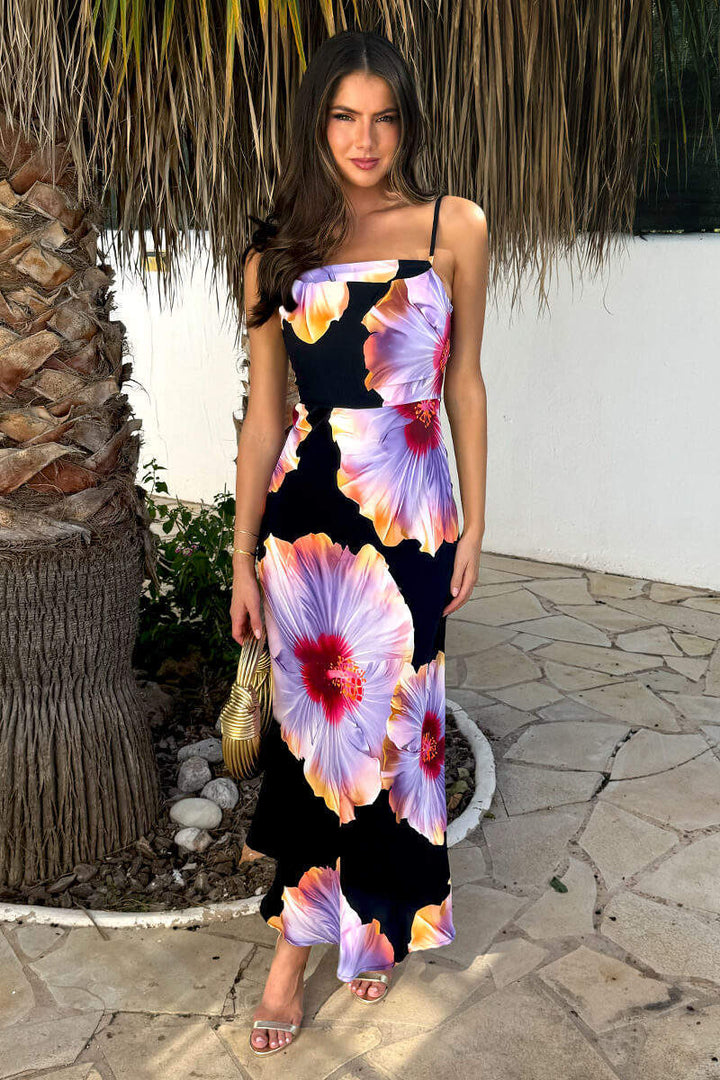 (8P PACK) Black And Lilac Floral Print Strappy Slip Midi Dress