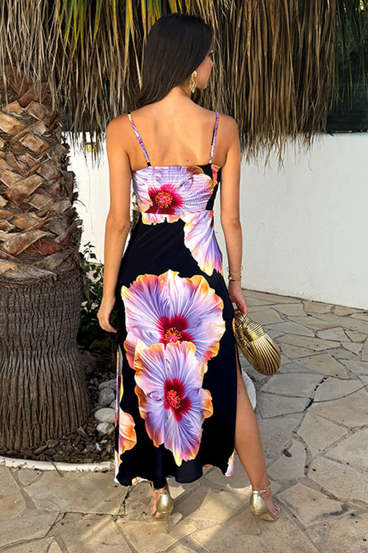 (8P PACK) Black And Lilac Floral Print Strappy Slip Midi Dress