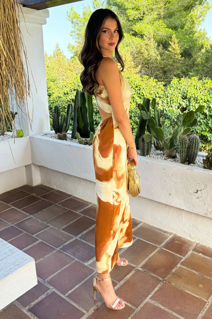 (8P.PACK) Brown And Stone Marble Print One Shoulder Open Back Twist Detail Midi Dress - jqwholesale.com