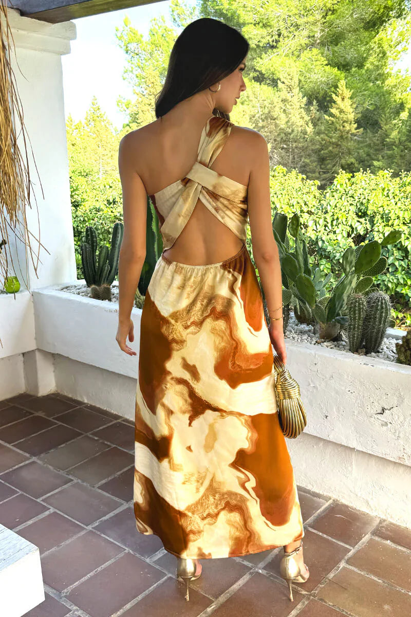 (8P.PACK) Brown And Stone Marble Print One Shoulder Open Back Twist Detail Midi Dress - jqwholesale.com