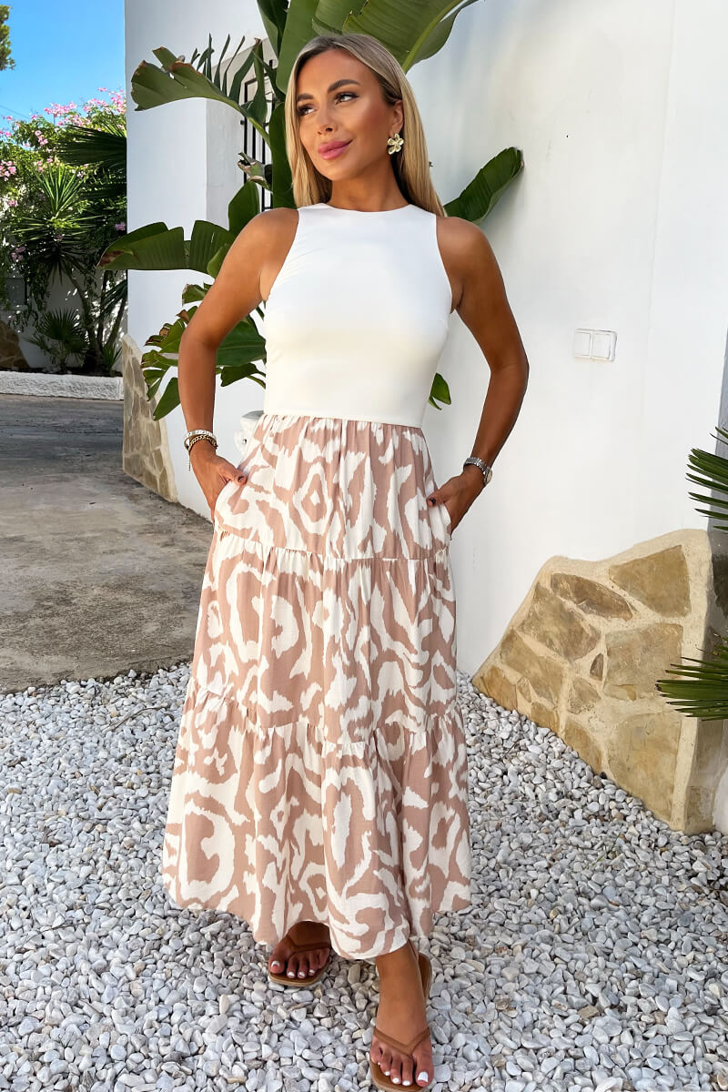 (8P PACK) Stone And Cream Abstract Print 2 In 1 Smock Midi Dress
