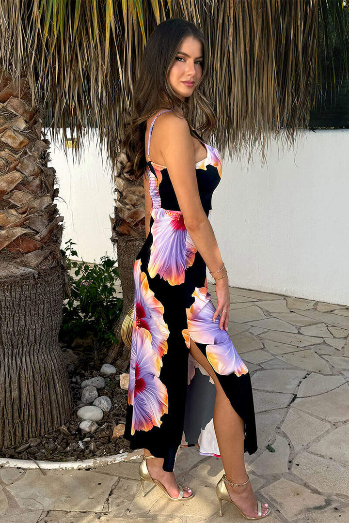 (8P PACK) Black And Lilac Floral Print Strappy Slip Midi Dress