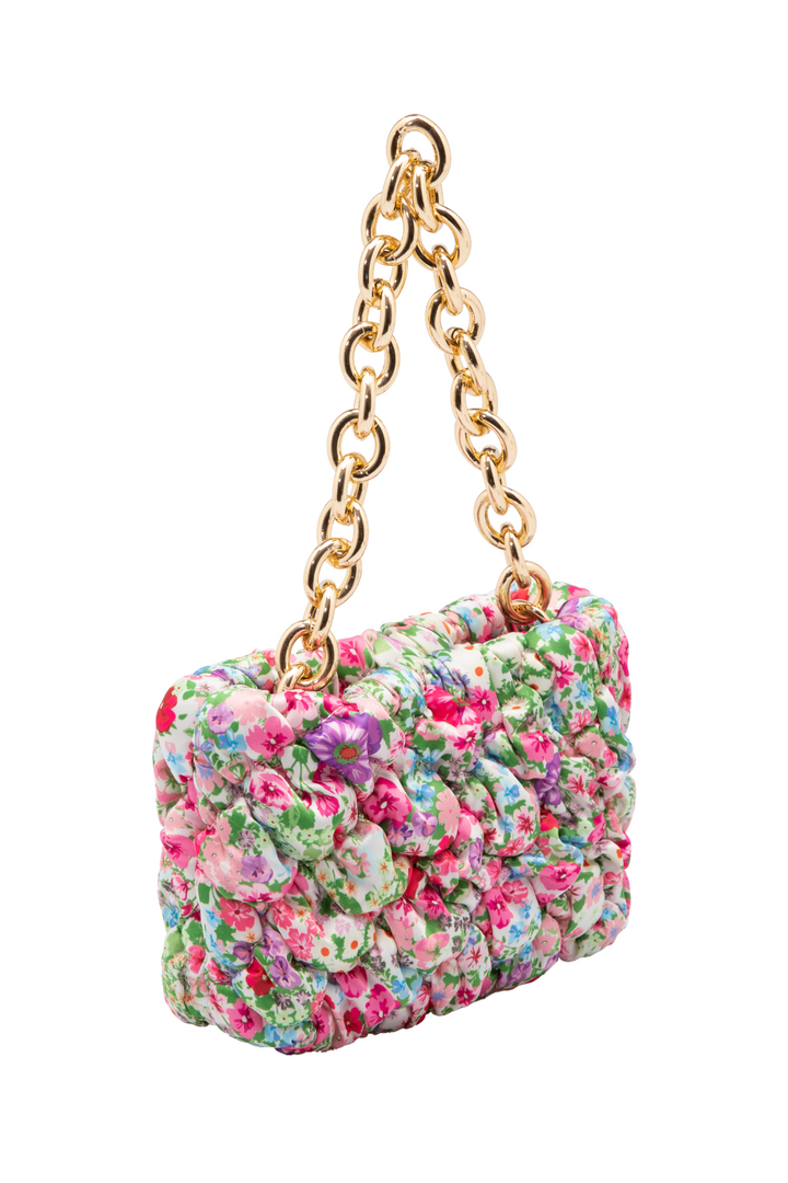 Pink Floral Ruched Mini Bag with Gold Chain - jqwholesale.com