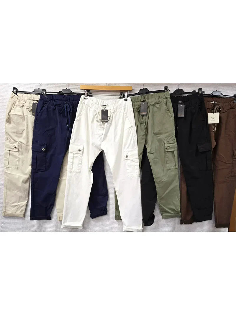 Plain Cargo Stud Pocket Bi-Stretch Magic Trousers - jqwholesale.com