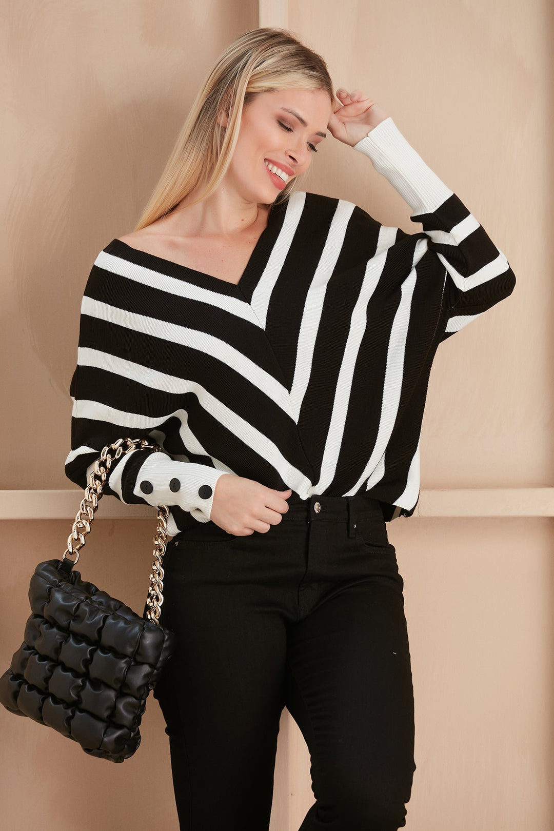 Off Shoulders Striped Knitted Sweater with Buttons - jqwholesale.com
