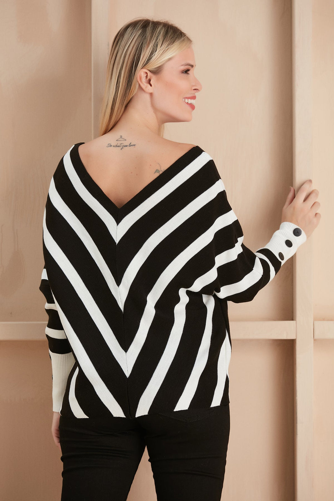 Off Shoulders Striped Knitted Sweater with Buttons - jqwholesale.com