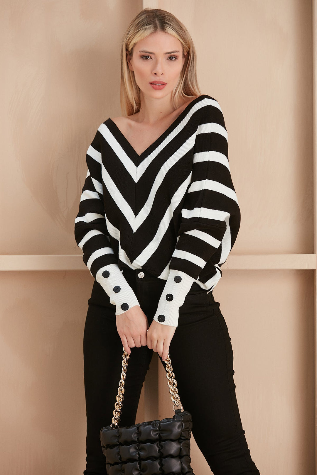 Off Shoulders Striped Knitted Sweater with Buttons - jqwholesale.com