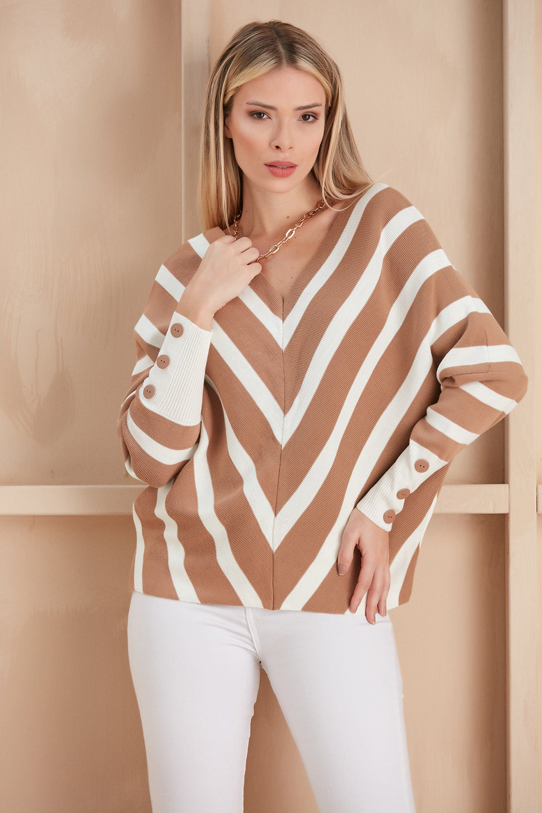 Off Shoulders Striped Knitted Sweater with Buttons - jqwholesale.com