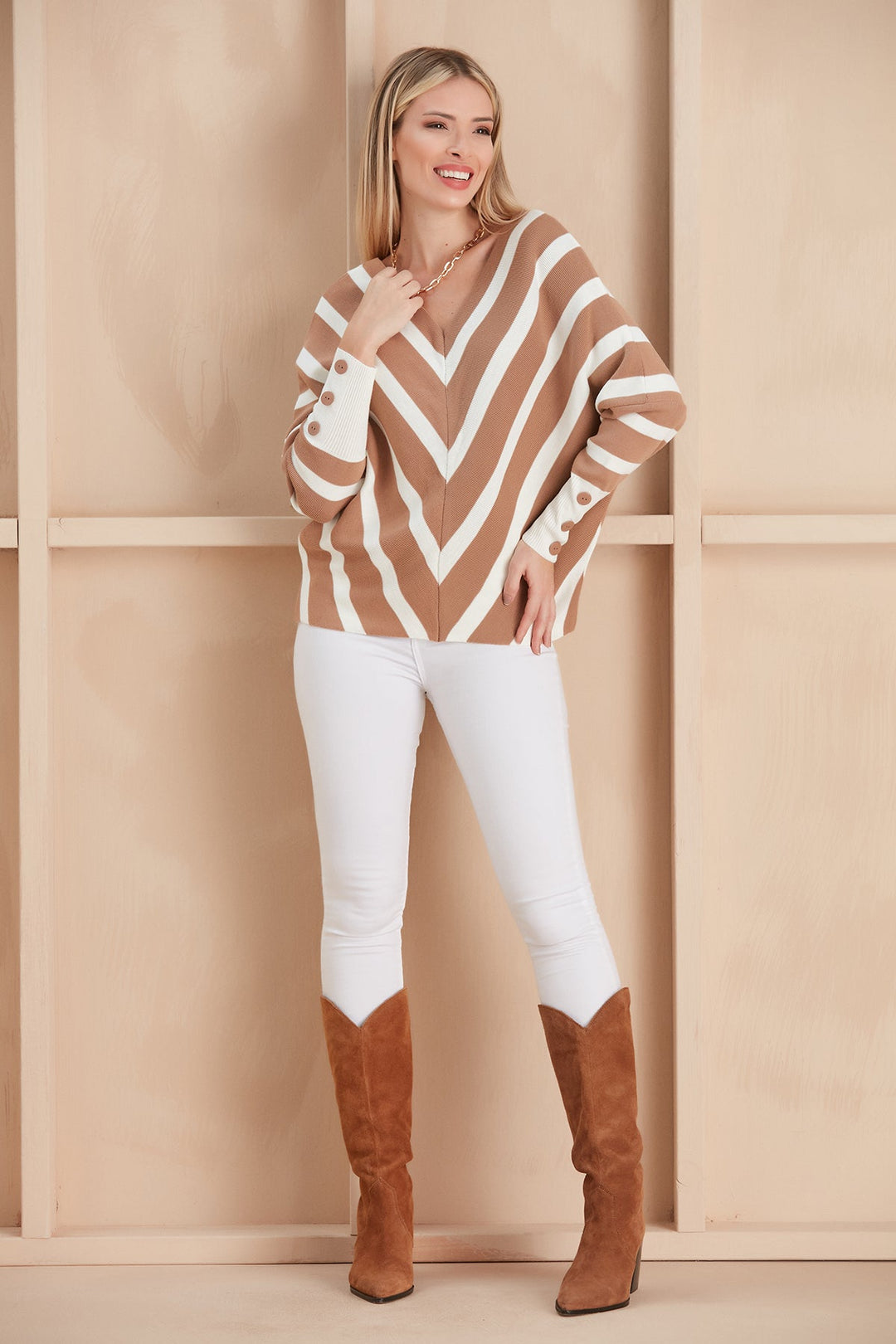 Off Shoulders Striped Knitted Sweater with Buttons - jqwholesale.com
