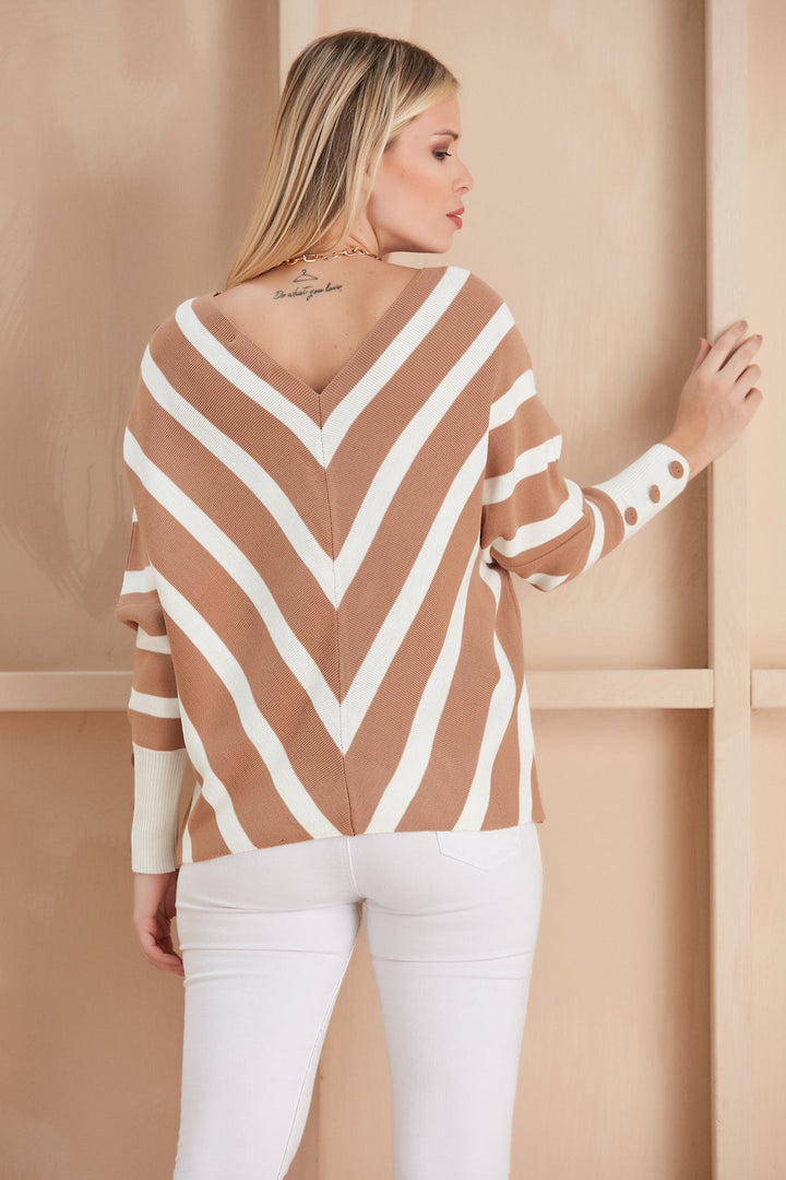 Off Shoulders Striped Knitted Sweater with Buttons - jqwholesale.com