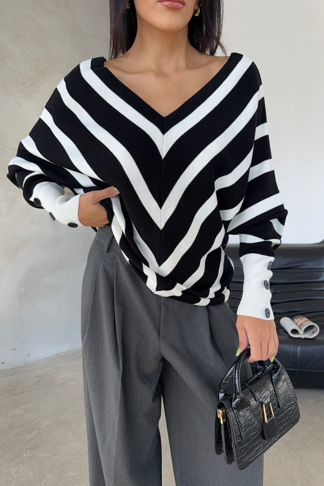 Off Shoulders Striped Knitted Sweater with Buttons in Black/White - jqwholesale.com