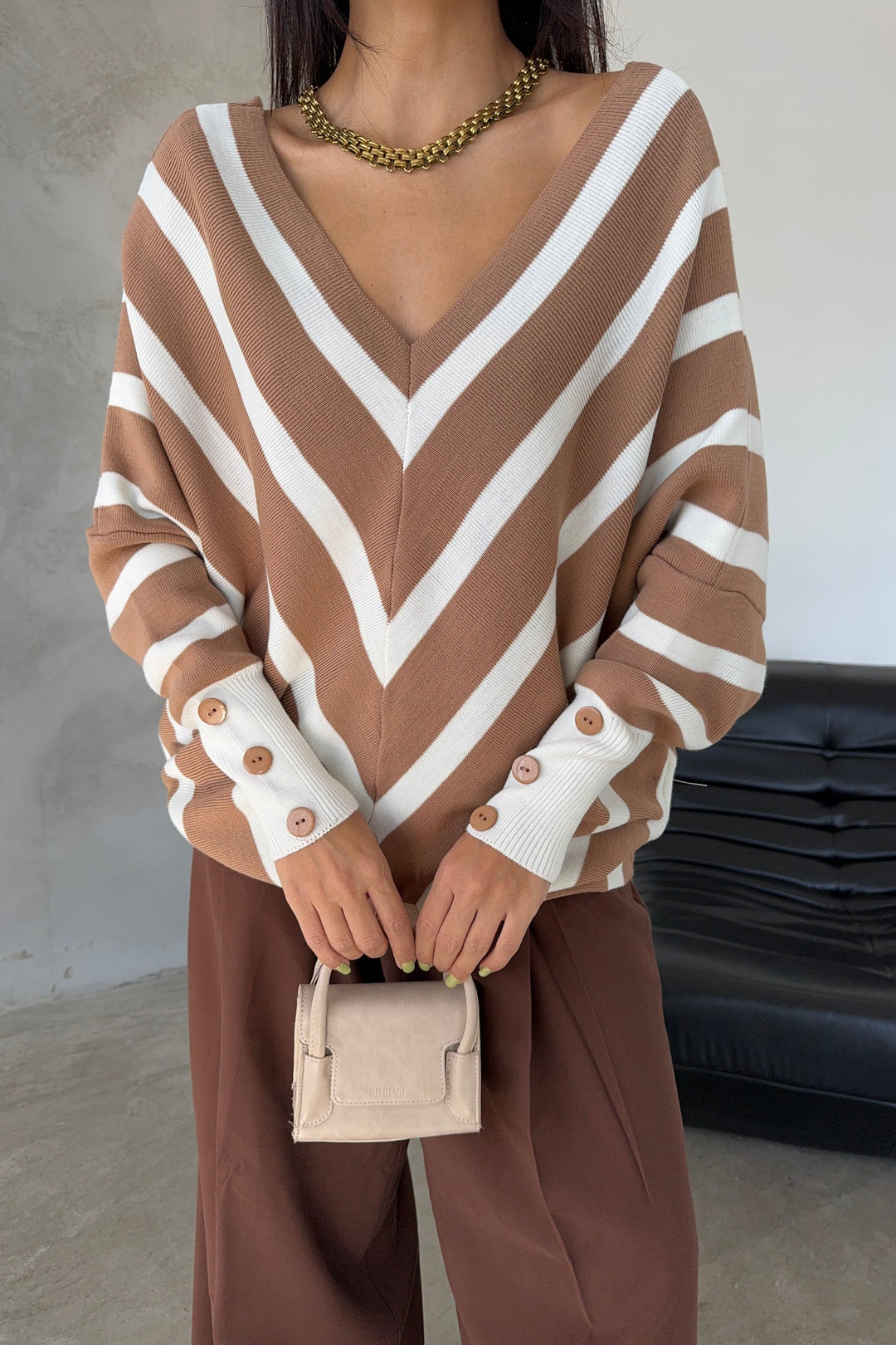 Off Shoulders Striped Knitted Sweater with Buttons in Camel - jqwholesale.com