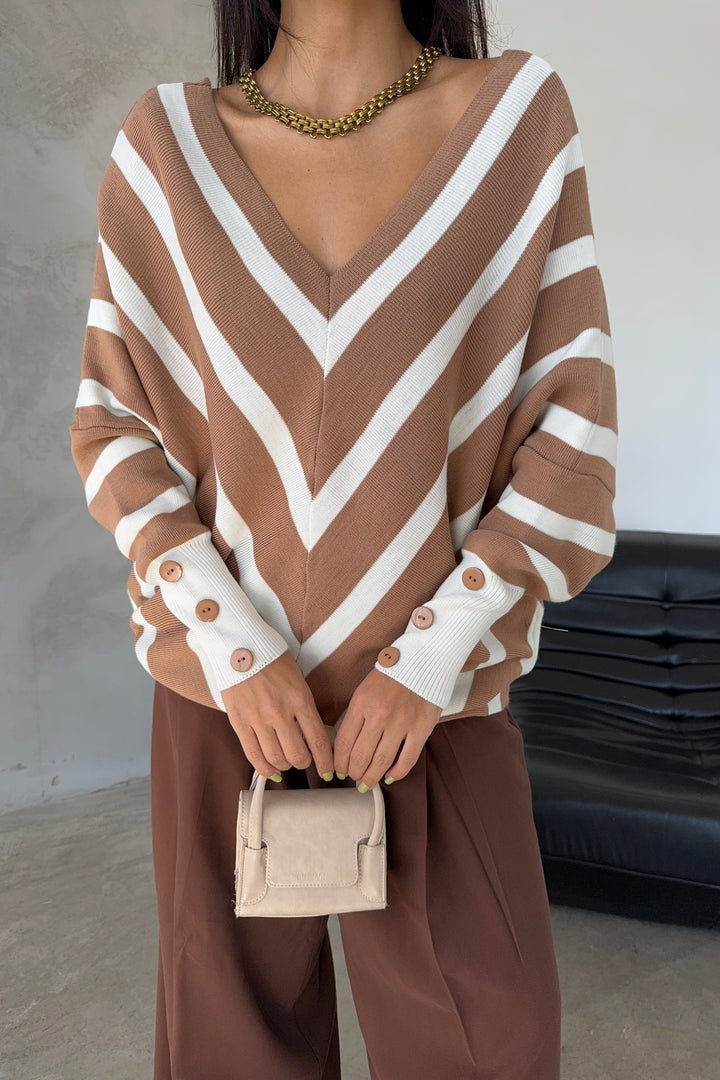 Off Shoulders Striped Knitted Sweater with Buttons in Camel - jqwholesale.com