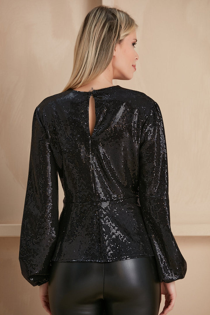 Glamorous Sequin Wrap Top in Classic Black - jqwholesale.com